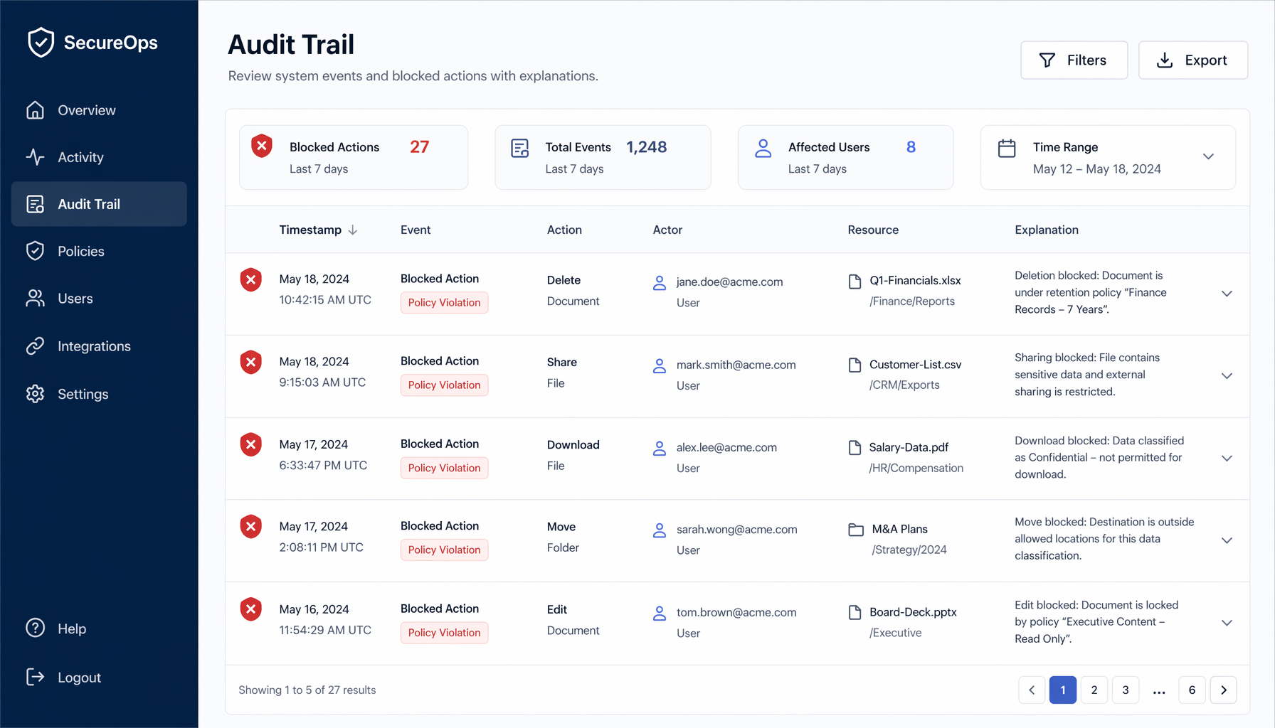 Flat-design illustration, 16:9, professional, an audit trail panel showing blocked actions, timestamps, and structured explanations, clean UI style, no people