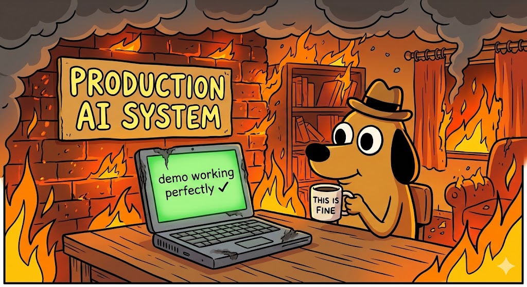 A dog sitting in a room on fire, sipping coffee. The sign on the wall says "Production AI System". Caption: This is fine.