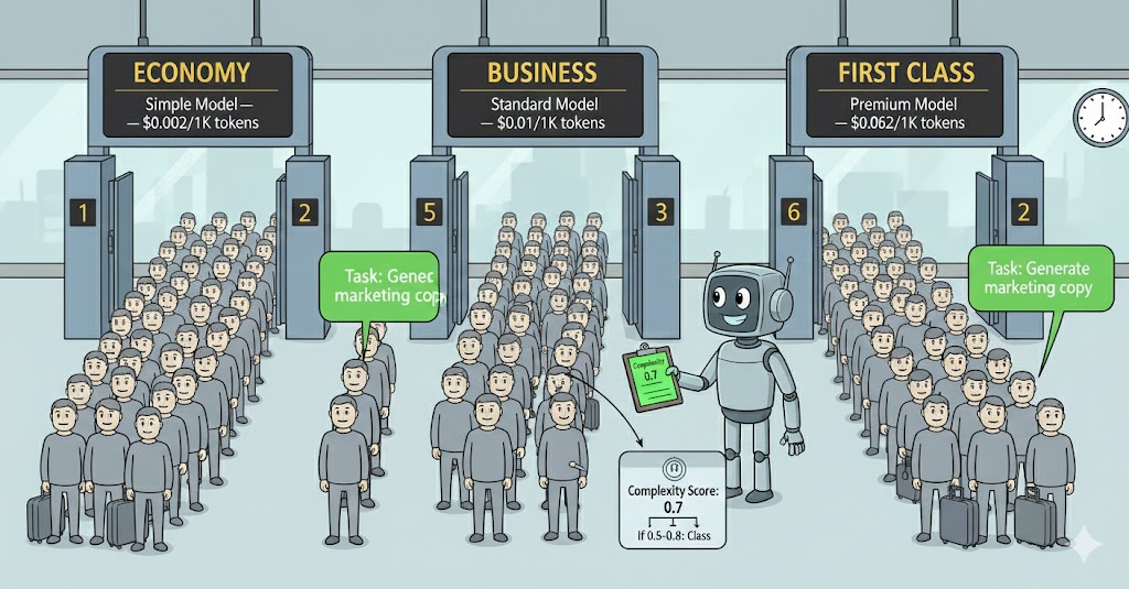 An airport with three queues: Economy (Simple Model), Business (Standard Model), First Class (Premium Model). A robot traffic controller directs each passenger to the right gate based on a complexity score on a clipboard.