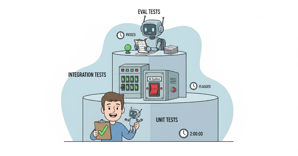 Three stacked layers like a building: bottom layer "UNIT TESTS" with a developer holding a puppet AI, middle layer "INTEGRATION TESTS" with a tripped circuit breaker, top layer "EVAL TESTS" with a robot grading papers with a rubric. Each has a clock showing increasing time.