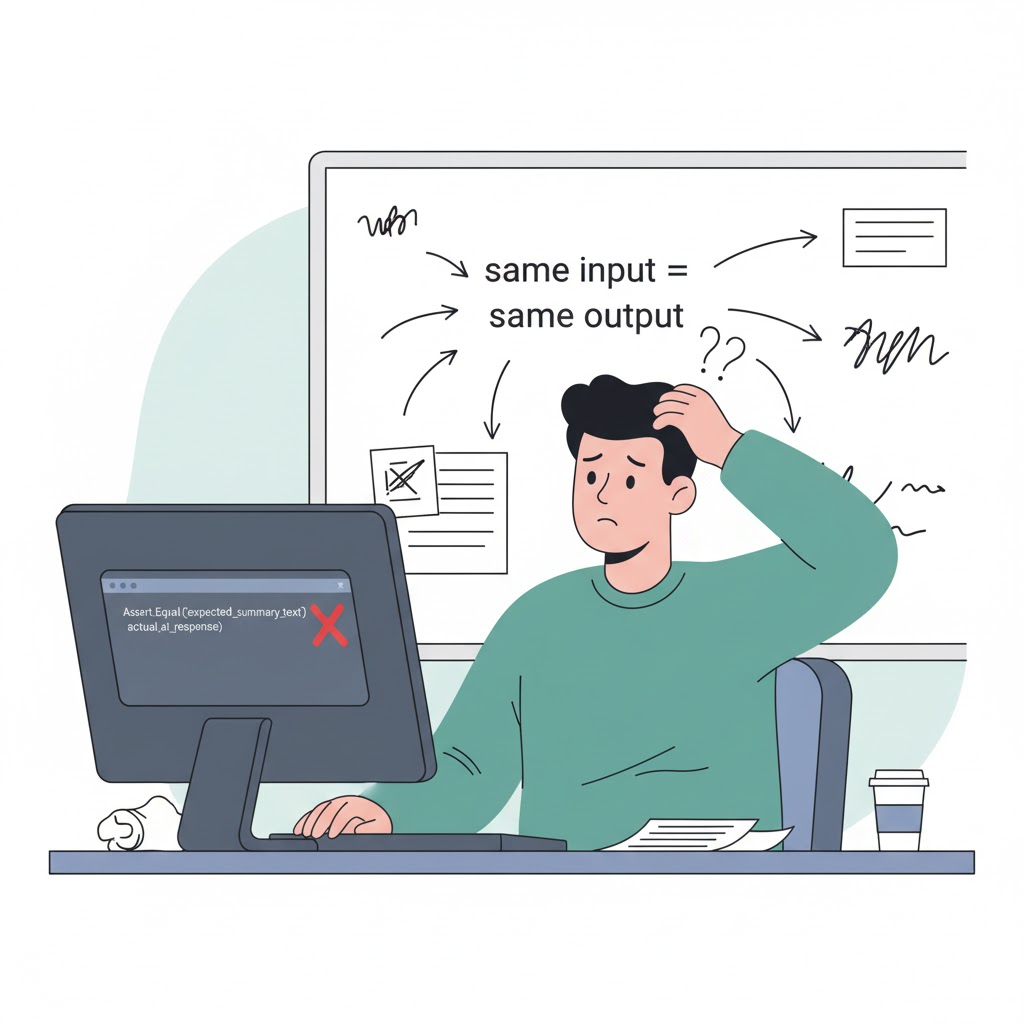 A developer stares at their screen showing Assert.Equal with a giant red X. On a whiteboard behind them: "same input ≠ same output" with arrows going in multiple directions. Confused expression, scratching their head.