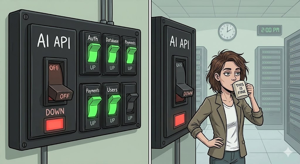 A calm engineer drinking coffee next to a giant breaker panel. The breaker labeled "AI API" has tripped. All others — Auth, Database, Payments, Users — are still up and green.
