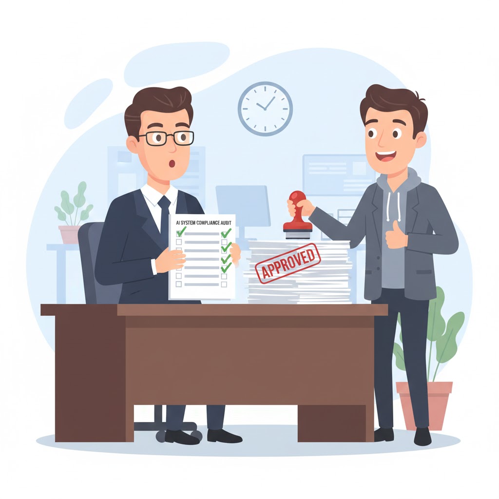A developer stands in front of a compliance officer at a desk. The officer holds a checklist with every item checked in green, stamping a document "APPROVED". The developer looks relieved, giving a thumbs up.