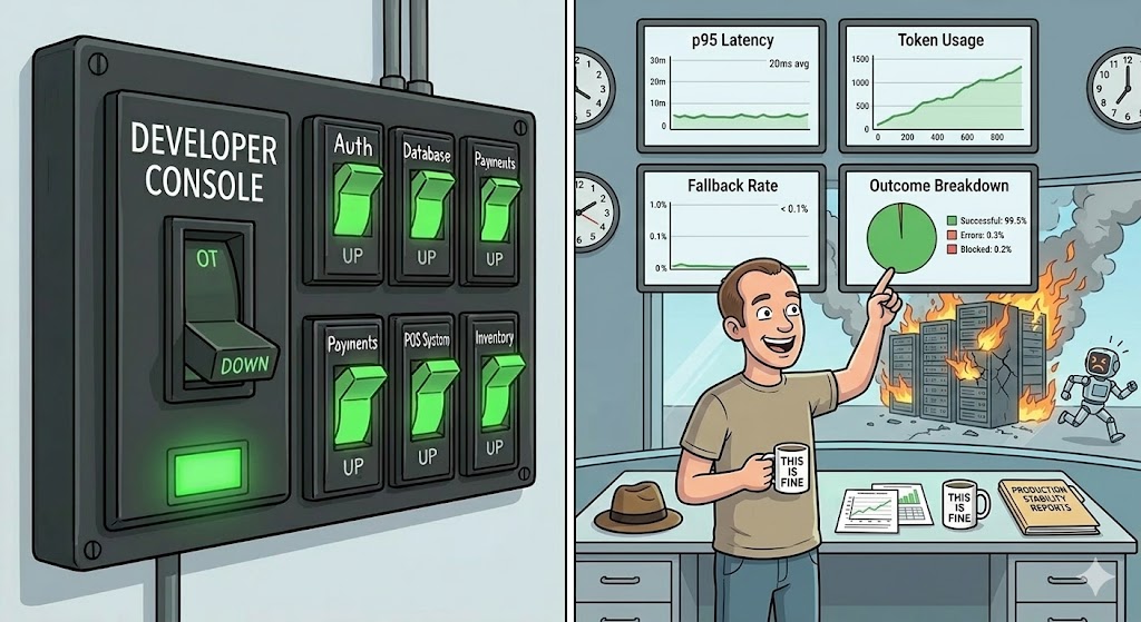 A control room with four screens: p95 Latency, Token Usage, Fallback Rate, Outcome Breakdown. A calm engineer points at one with a coffee mug. Servers on fire visible through the window outside, but the room is orderly.