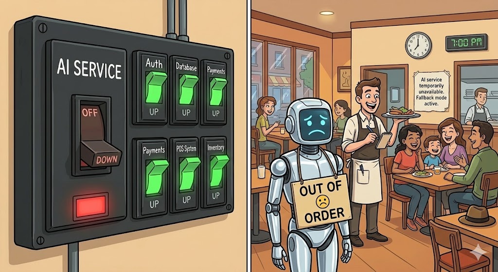 A restaurant where a broken robot waiter stands in the corner with an "OUT OF ORDER" sign. A human waiter serves customers normally. A sign reads: "AI service temporarily unavailable. Fallback mode active." Customers look unbothered.