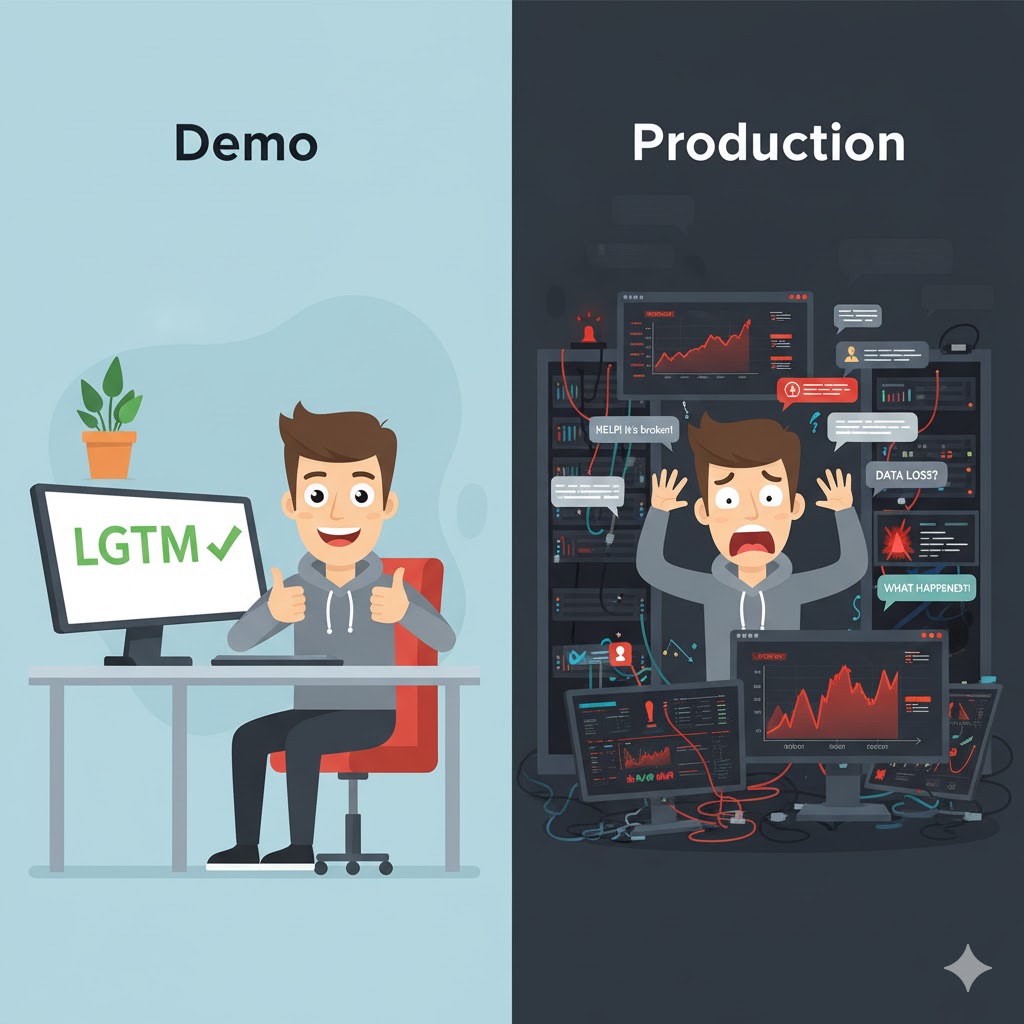 Split panel: left side a developer gives thumbs up with "LGTM" on screen and a big smile after the demo. Right side the same developer surrounded by alert notifications and confused users, metrics going red in production.