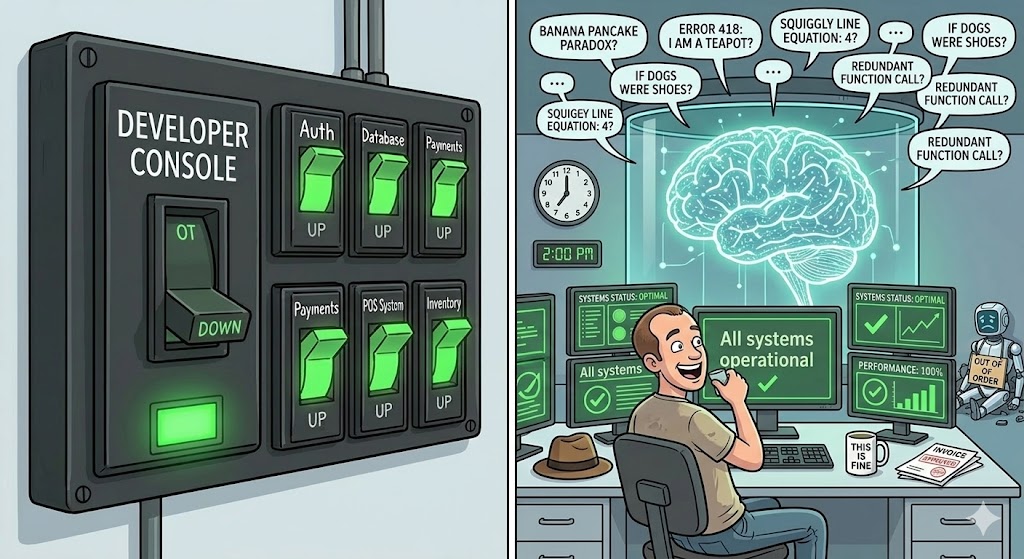 A developer sits surrounded by green dashboards and "All systems operational" banners, looking satisfied — while behind them an AI brain silently produces gibberish answers nobody is reading.
