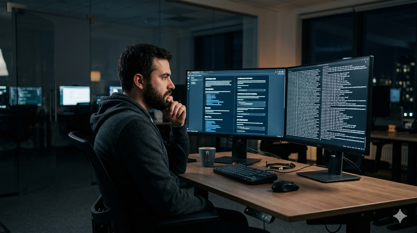 A developer comparing structure and chaos on two screens