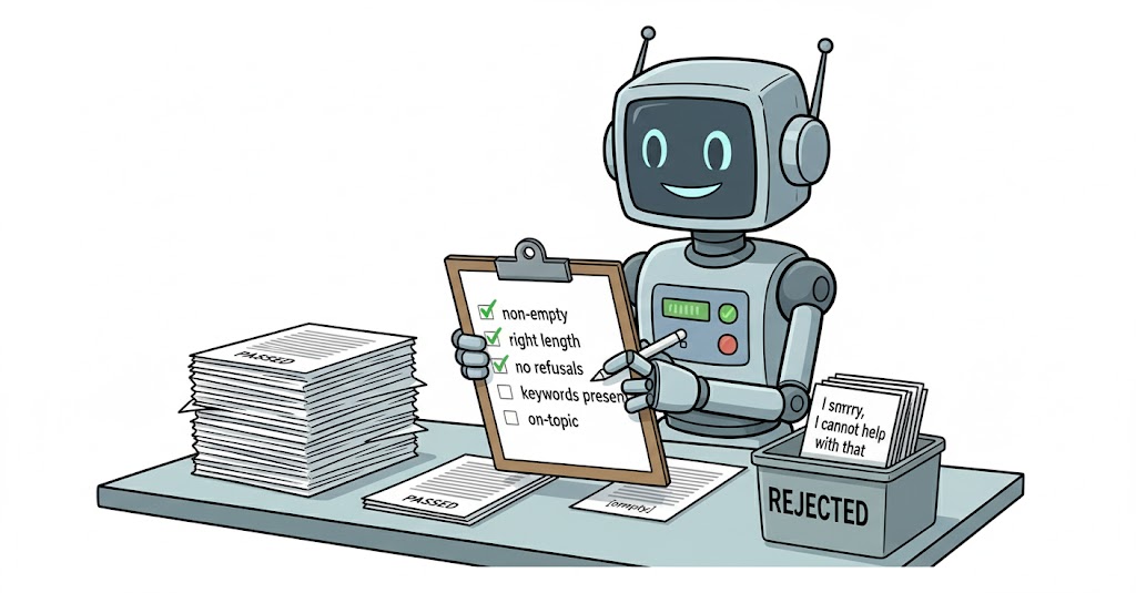 A quality inspector robot sits at a desk checking AI documents against a rubric: "non-empty ✓", "right length ✓", "no refusals ✓", "keywords present ✓". A rejected pile has documents labeled "I'm sorry" and "[empty]".