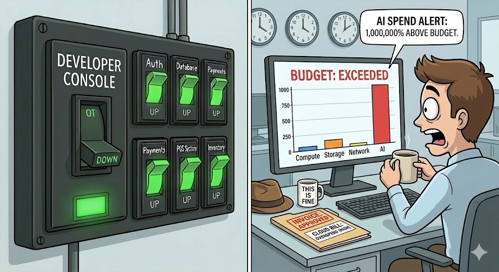 An office worker stares in horror at a billing dashboard where the AI bar towers over all others. Coffee mug frozen halfway to their mouth.