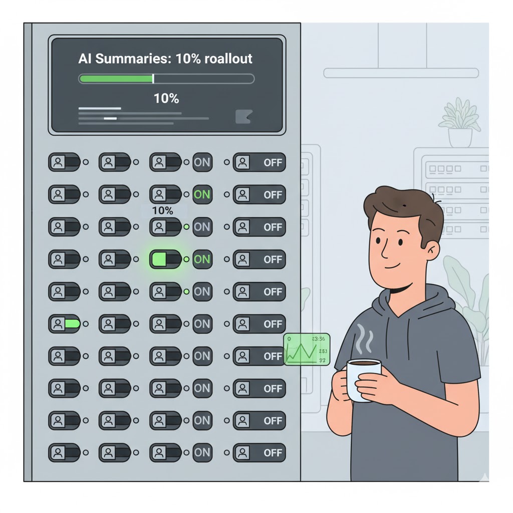 A developer stands at a large control panel with toggle switches. Most are OFF. One section labeled "10%" is flipped ON. A screen above shows "AI Summaries: 10% rollout". The developer holds a coffee mug, watching metrics calmly.