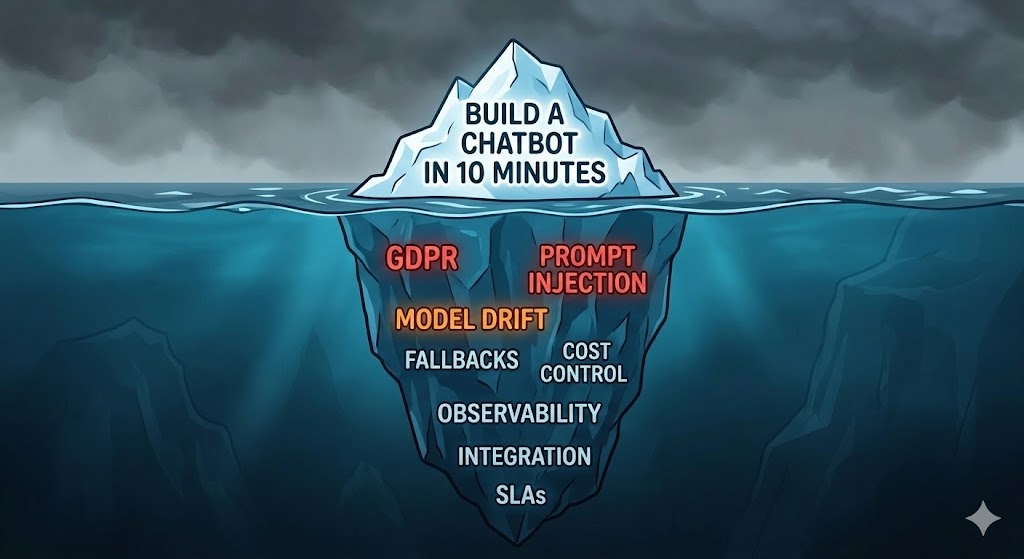 An iceberg. Above the water: "Build a chatbot in 10 minutes". Below the water: fallbacks, cost control, GDPR, observability, prompt injection, model drift, integration, SLAs, incident response.