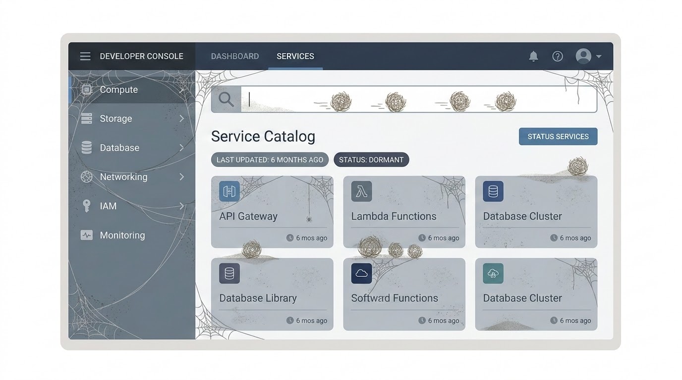 An abandoned developer dashboard with cobwebs and outdated status badges