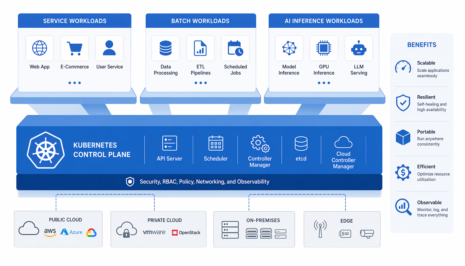 Flat-design illustration, 16:9, professional enterprise style, Kubernetes control plane as a central layered platform with service, batch, and AI inference workloads stacked above it, clean labels, blue and gray palette, no people, no photorealism