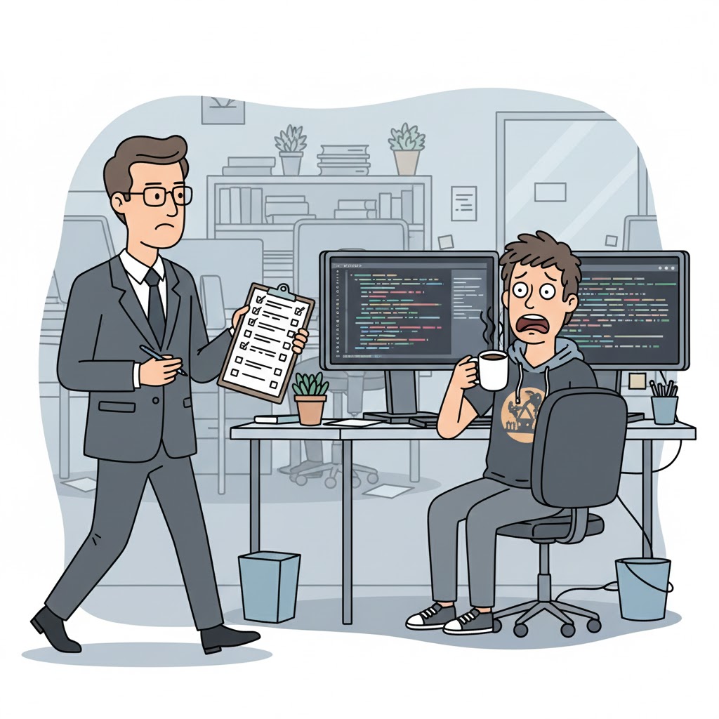A person in business formal walks purposefully toward a developer at their desk, holding a clipboard with a long checklist. The developer has a frozen "oh no" expression, coffee mug halfway to mouth.