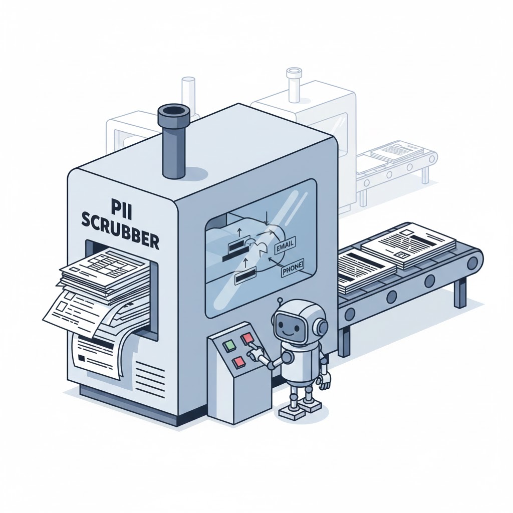 A conveyor belt where documents enter a machine labeled "PII SCRUBBER". Email addresses and phone numbers are being replaced with [EMAIL] and [PHONE] tags. A small robot operates the machine with a satisfied expression.
