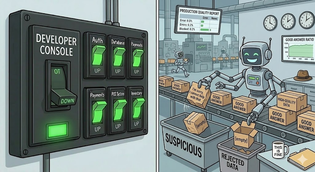 A factory conveyor belt where a quality inspector robot flags boxes labeled "I'm sorry, I cannot help with that" and "[empty]" into a SUSPICIOUS bin, while boxes labeled "Good Answer" pass through normally.
