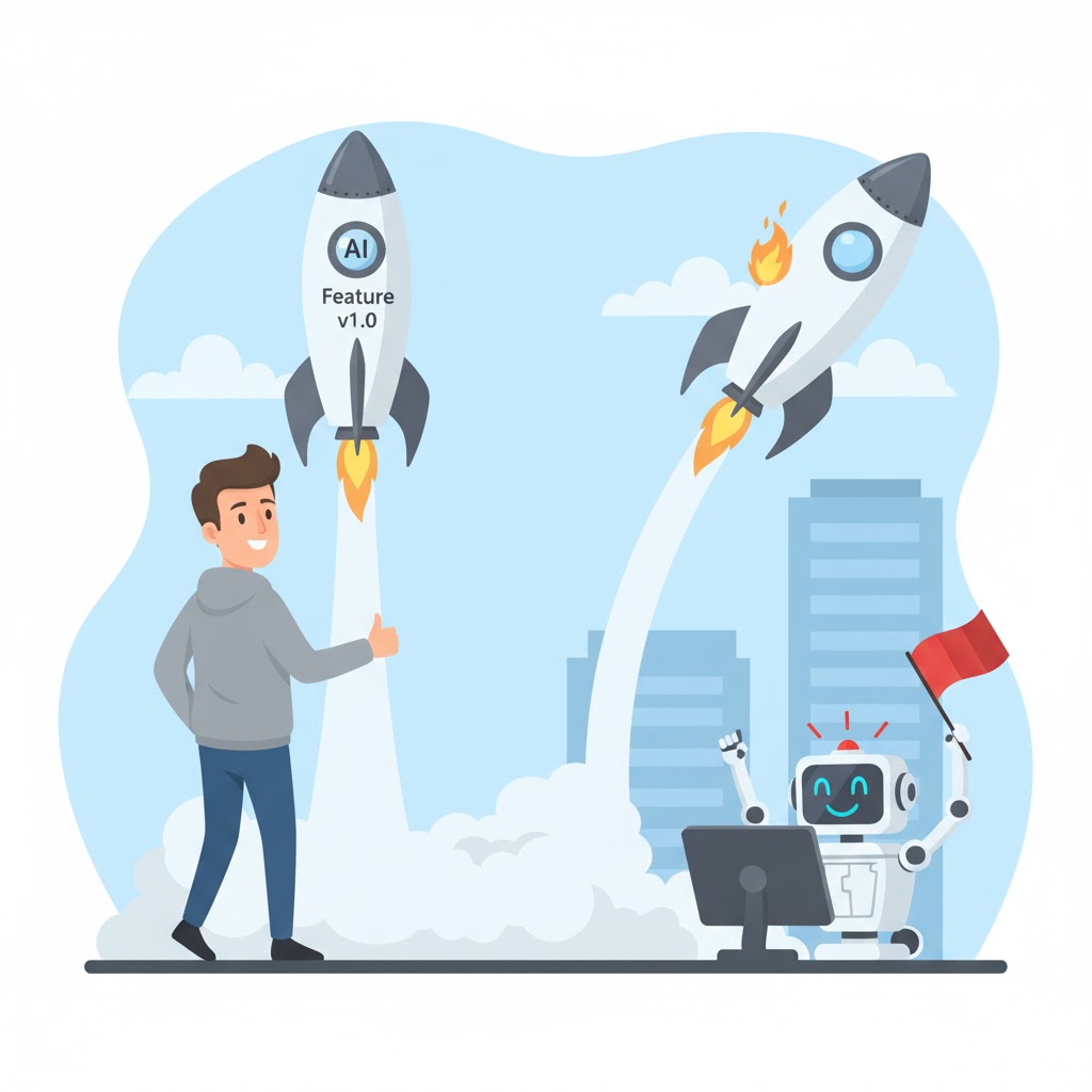 A developer launches a rocket labeled "AI Feature v1.0" and turns to leave, relaxed. Behind them the rocket slowly drifts off course with a tiny flame starting. A monitoring robot on a station waves a flag to alert the developer, who hasn't turned around yet.