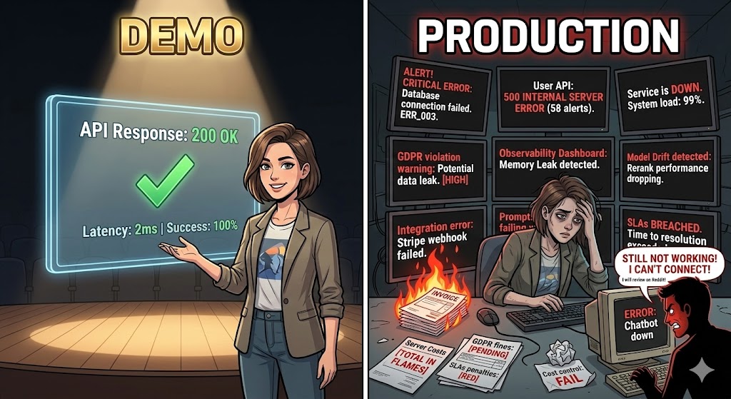 Split panel: left side shows a developer on a lit stage with a perfect API response, labelled DEMO. Right side shows the same developer in a dark room surrounded by error monitors, an angry user, and a burning invoice, labelled PRODUCTION.