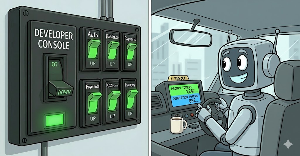 A taxi with two counters on the dashboard: "PROMPT TOKENS: 1,247" and "COMPLETION TOKENS: 892", both climbing. A nervous developer sits in the back. The driver is a smiling robot.