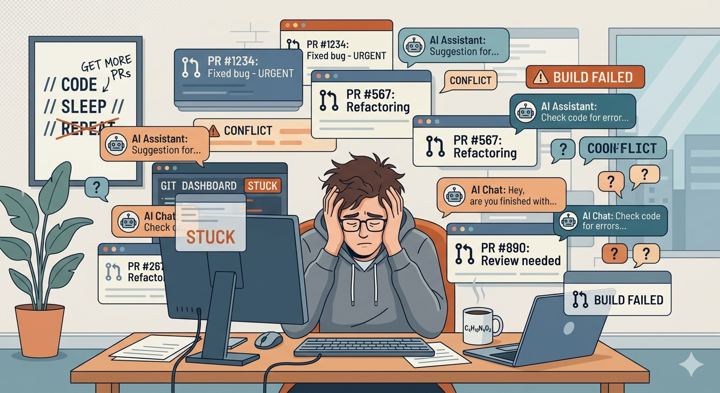 A developer surrounded by dozens of open pull requests, looking overwhelmed while an AI assistant floods the screen with suggestions