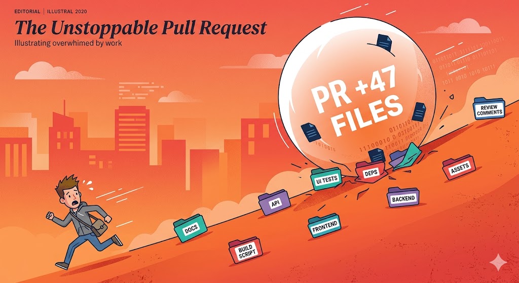 A giant pull request shown as a huge snowball rolling downhill, with small files bouncing off it — illustration style