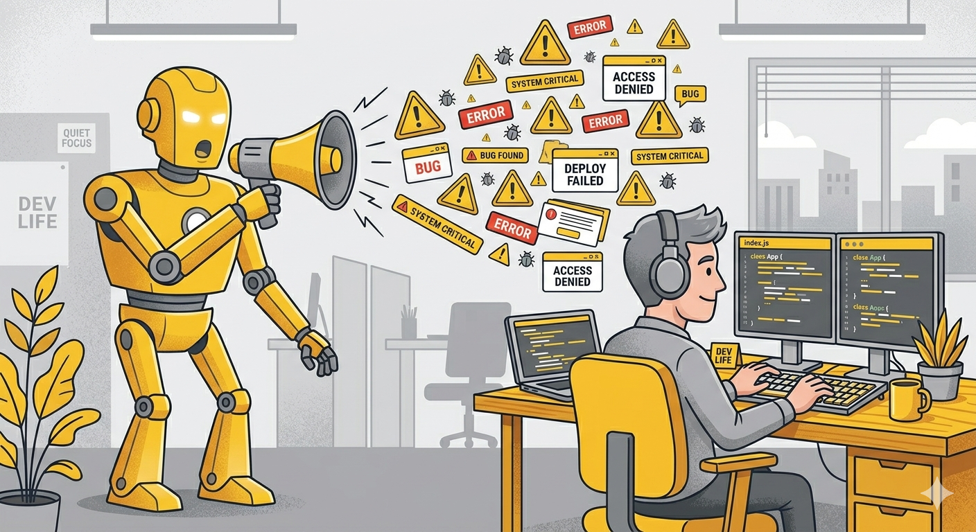 A robot megaphone shouting dozens of warning labels, while a tired developer wears noise-cancelling headphones — flat illustration