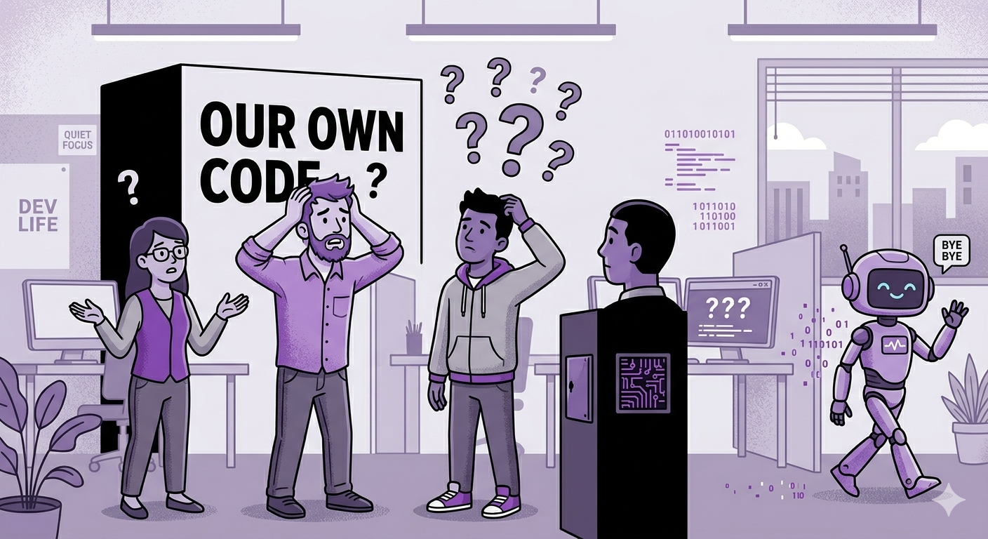 A team staring at a black box labeled "Our Code" with question marks above their heads, while an AI avatar walks away — illustration style