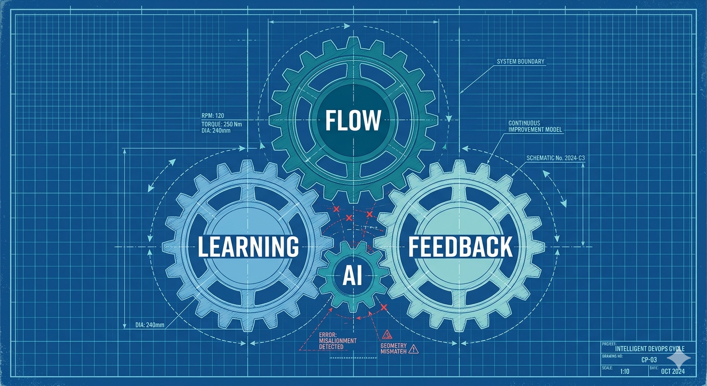 A clean diagram showing four stacked layers labeled from bottom to top: "Ritual layer", "Metrics layer", "Templates layer", "Decision layer". Arrows on the side show dependencies — decisions depend on metrics, metrics track templates, templates enable rituals — flat editorial illustration