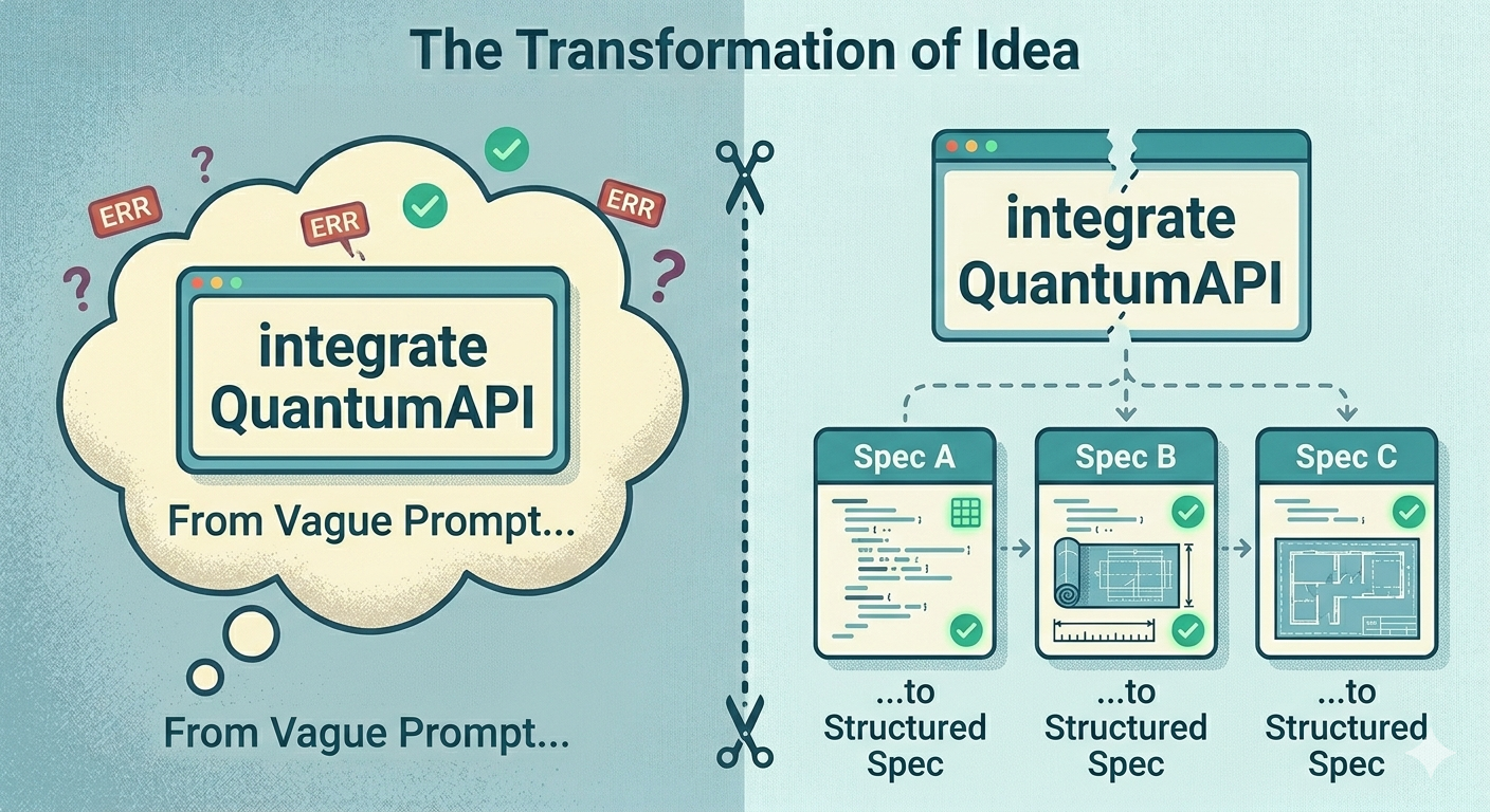 One giant ask labeled "integrate QuantumAPI" being split by a dotted line into three smaller boxes labeled Spec A, Spec B, Spec C — flat illustration
