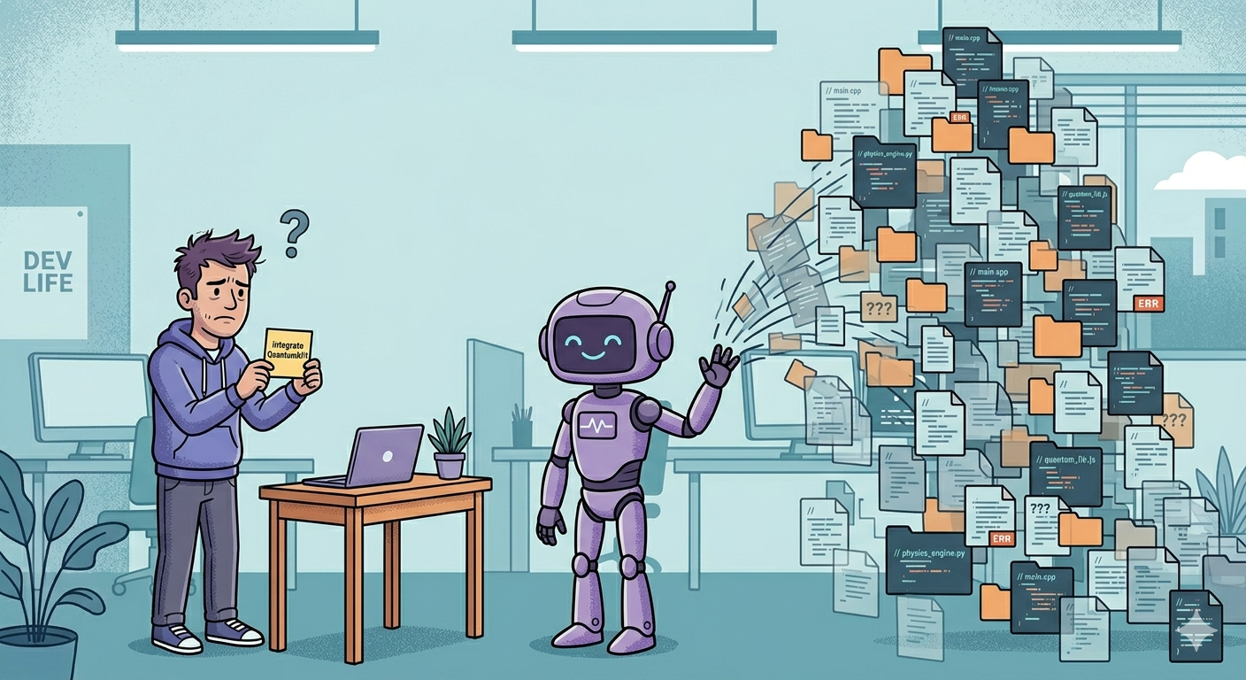 A developer holding a tiny sticky note labeled "integrate QuantumAPI" next to an AI robot generating a mountain of code files behind them