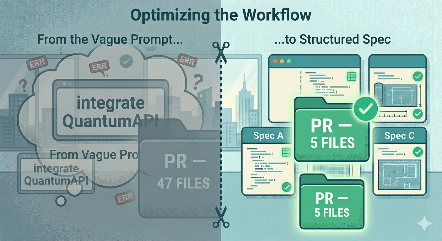 A small, neat 5-file pull request glowing in green next to a massive grey 47-file PR in the background — visual comparison, flat illustration