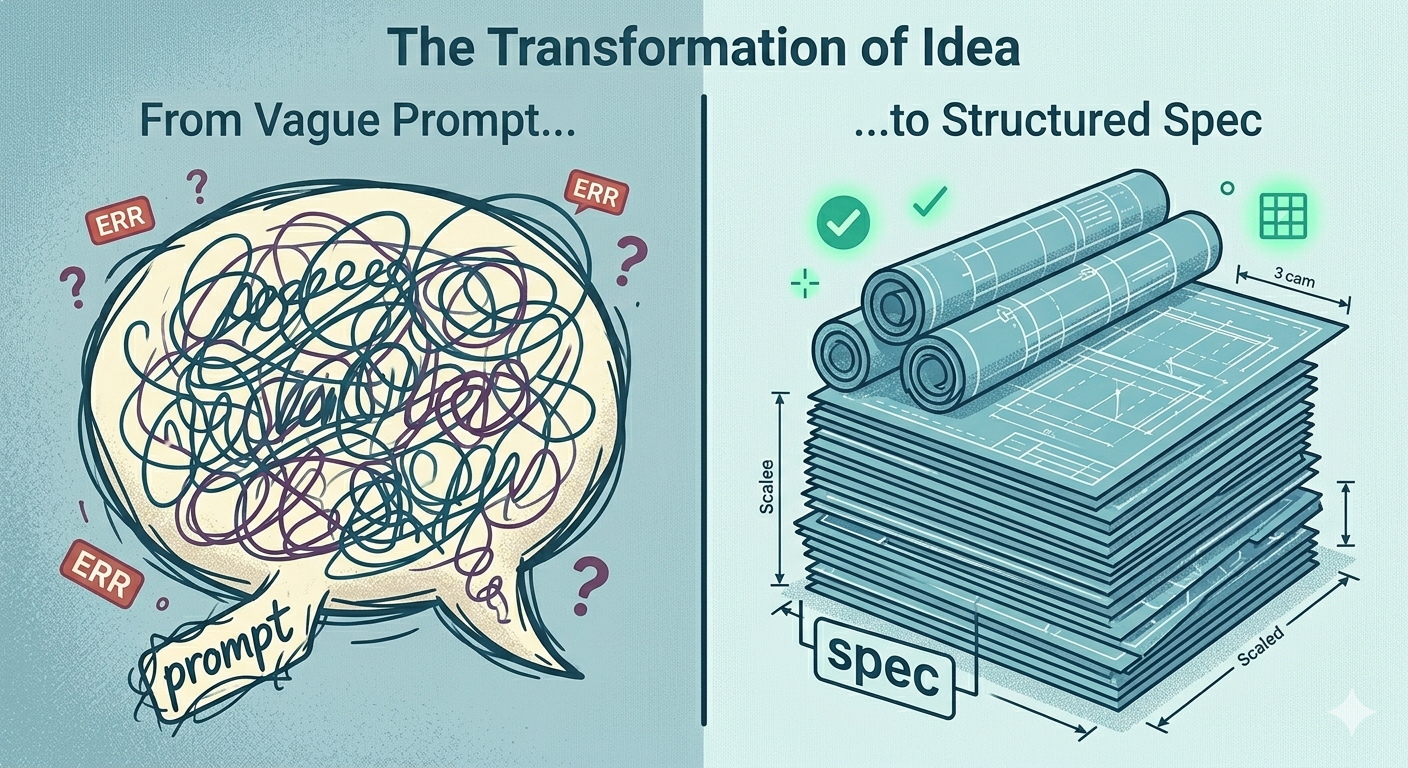 Two panels side by side — left: a messy speech bubble with a vague prompt; right: a tidy stack of blueprints labeled 'spec' — flat editorial illustration