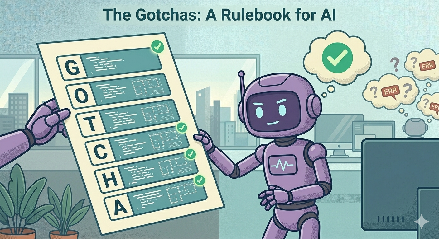A neat GOTCHA prompt document being handed to an AI robot like a rulebook, with six labeled sections G-O-T-C-H-A — flat editorial illustration
