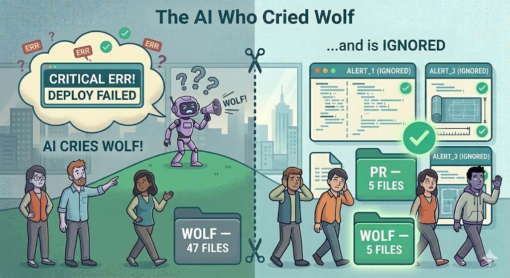 A small AI robot crying wolf loudly at the top of a hill while villagers in the valley cover their ears and look away — flat vector editorial illustration