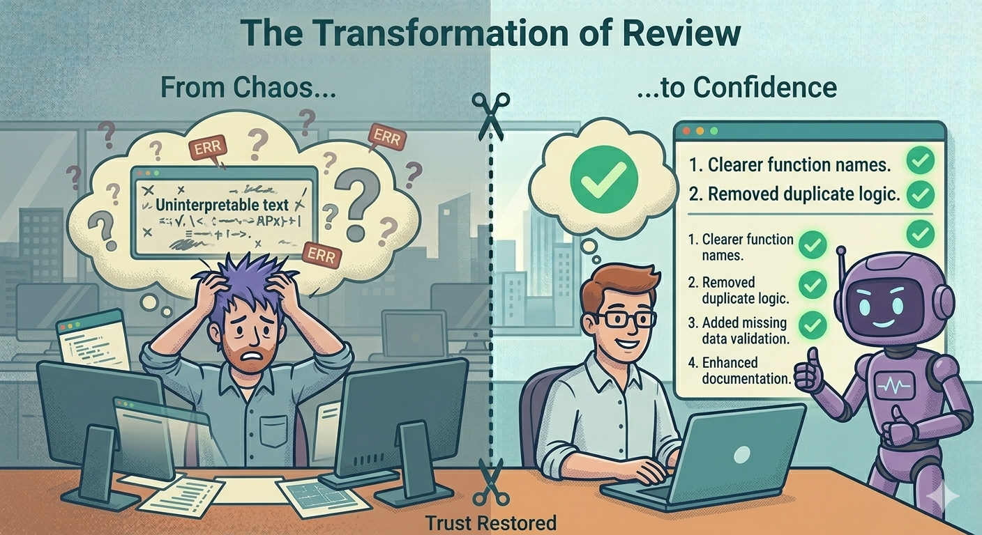 A developer smiling while reading a short list of 4 useful review comments on a PR, with a trusting thumbs-up toward the AI avatar — flat editorial illustration