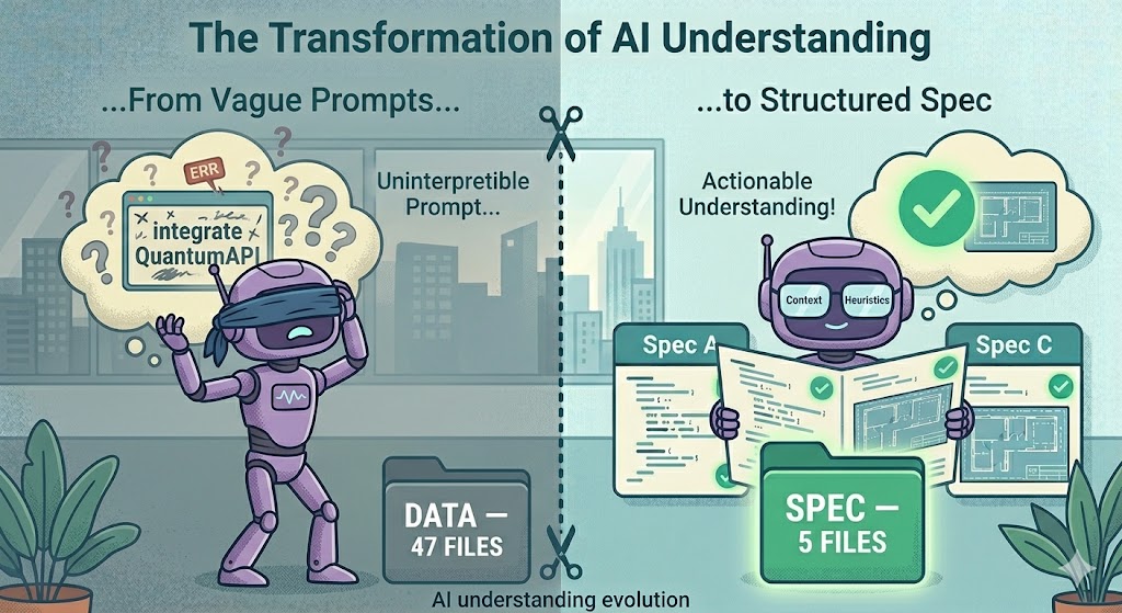 Split panel — left: a blindfolded AI robot holding a clipboard; right: the same robot wearing glasses labeled 'Context' and 'Heuristics', reading clearly — flat editorial illustration