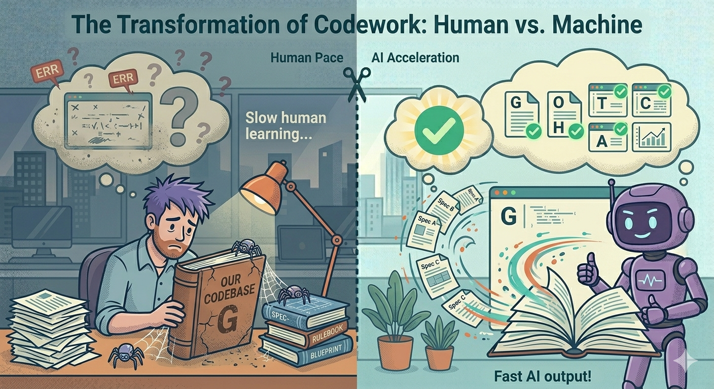 A lone developer at 2am staring at a thick dusty book labeled "Our Codebase" under a single desk lamp, while an AI robot next to them flips through pages at supersonic speed — flat vector editorial illustration