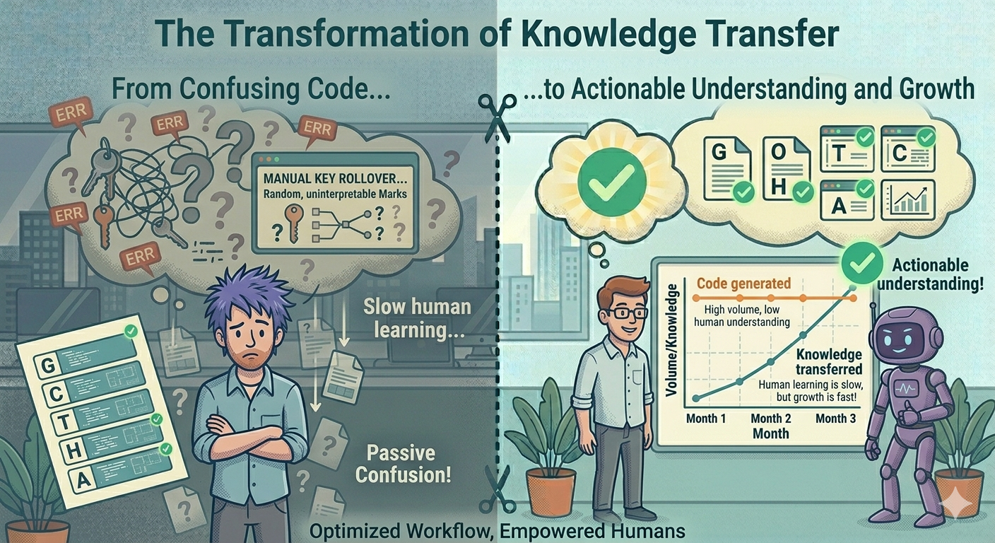 A line chart showing two curves over 3 months — "Code generated" flat and high from the start, "Knowledge transferred" climbing steeply from low to meeting it near the end — flat vector editorial illustration