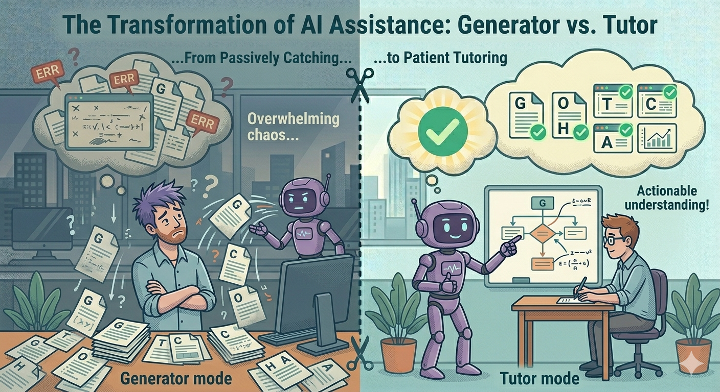 Split panel — left: a passive developer catching falling code thrown by an AI robot; right: the same developer at a small whiteboard with the AI robot pointing at a diagram, explaining patiently — flat vector editorial illustration