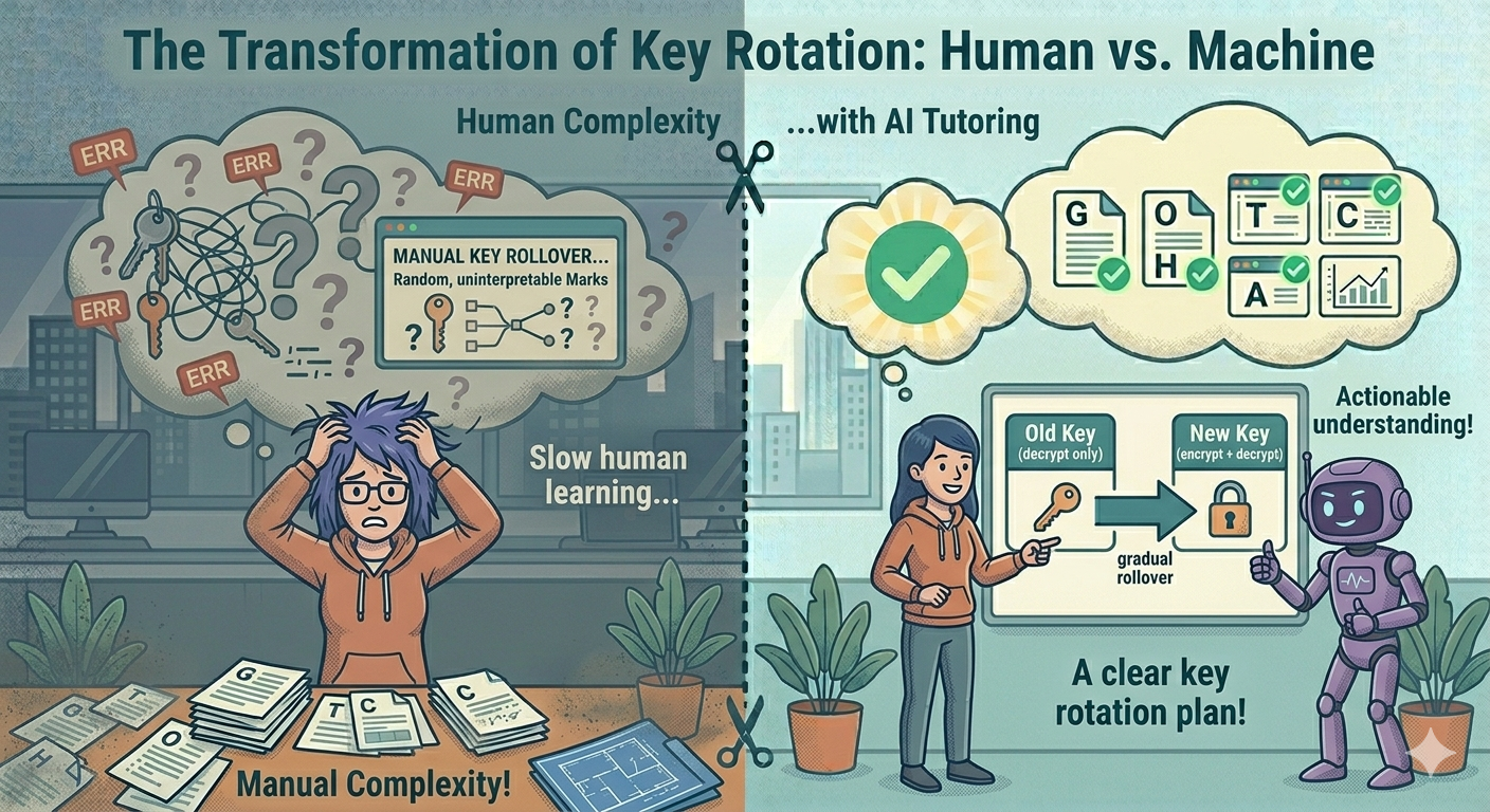 A junior developer at a whiteboard with an AI robot avatar pointing to a diagram showing keypair rotation with arrows labeled "Old key (decrypt only)" and "New key (encrypt + decrypt)" — flat vector editorial illustration