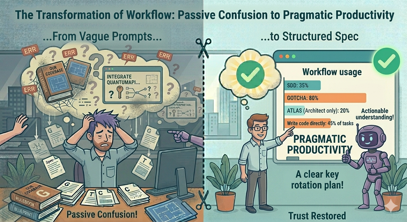 A clean dashboard display showing metrics — "Deployment freq: 12/day", "Lead time: 4h", "Change failure rate: 3%", "AI merge-without-rework: 78%", "Bus factor on AI code: 3.2", "Juniors debugging AI code solo: 75%". Team icons around the dashboard looking focused, not celebrating — flat editorial illustration