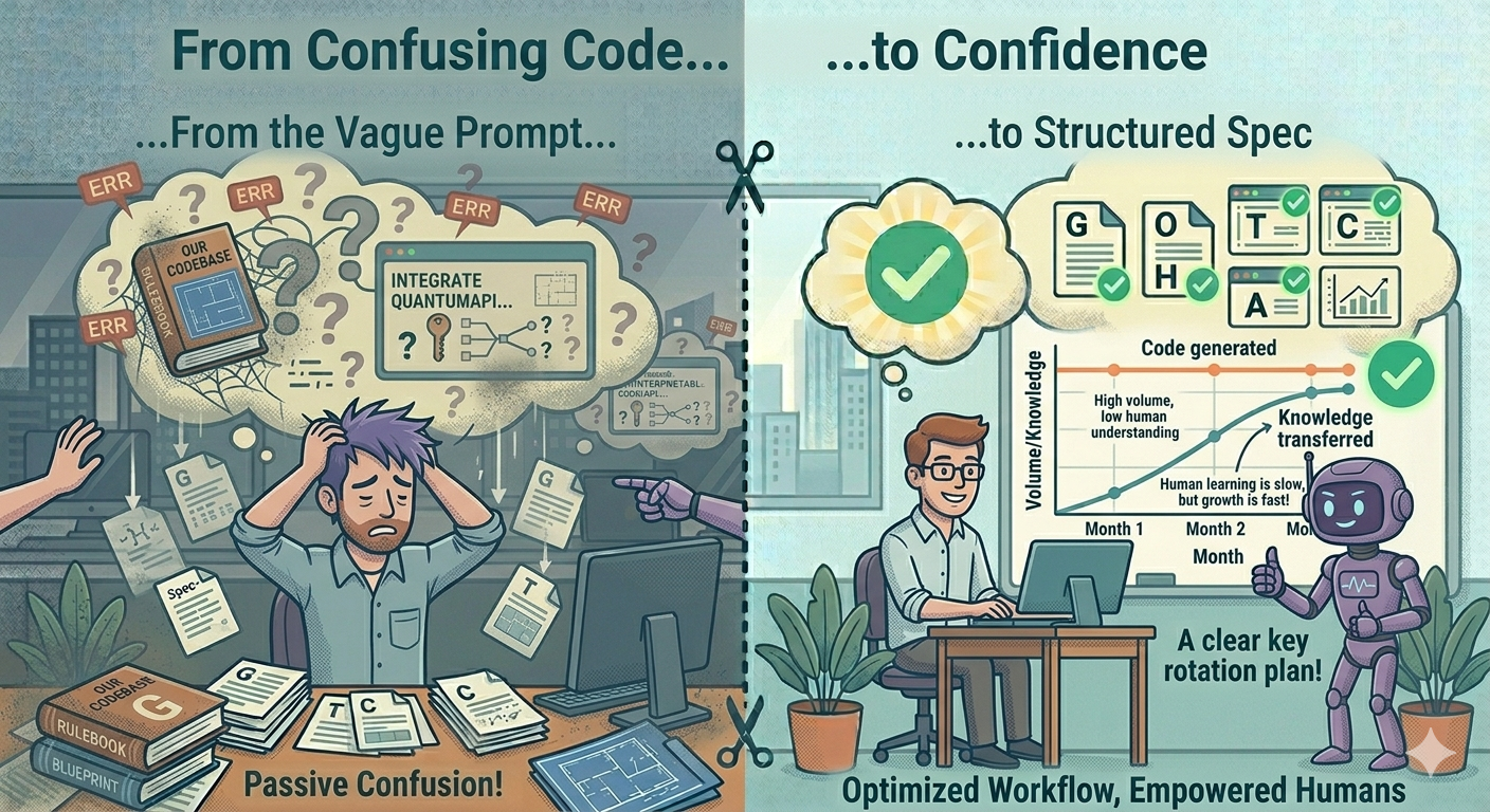 A team member drowning in piles of spec documents, GOTCHA prompts on rolled-up scrolls, and ATLAS checklists taped to the walls — overwhelmed expression, no code being written — flat vector editorial illustration