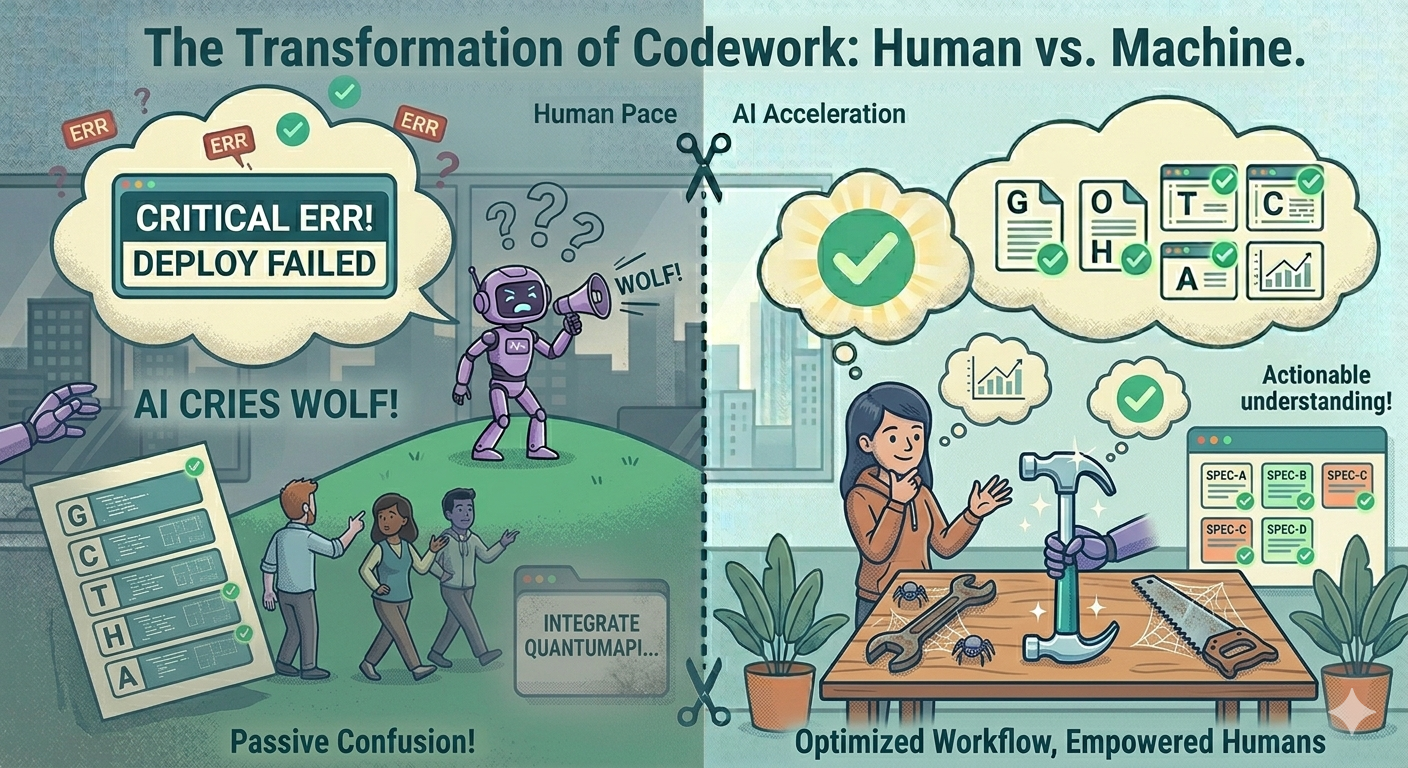 A workbench with three tools laid out — one shiny and well-used, two rusty and untouched. A developer studies them thoughtfully, trying to pick the right one for the job on the bench — flat vector editorial illustration