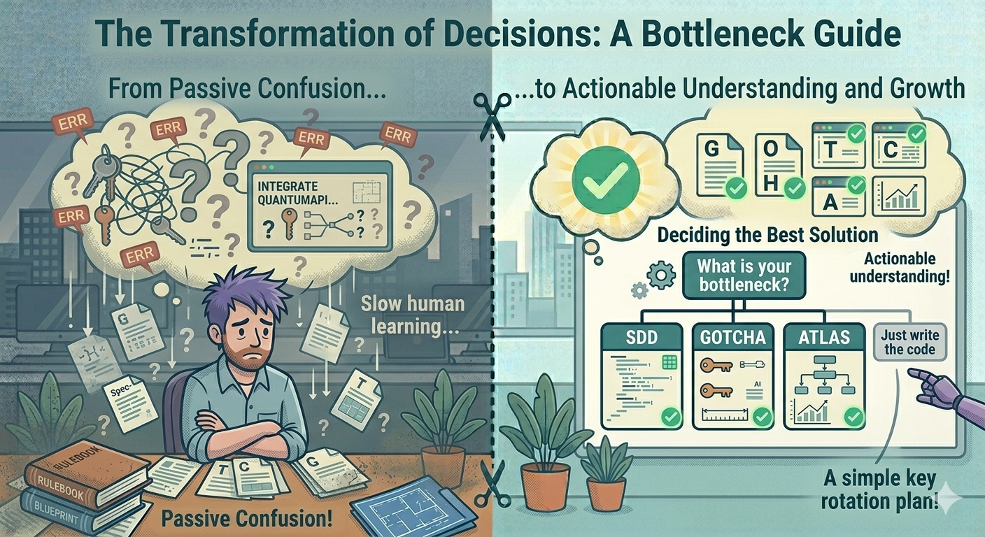 A simple decision tree diagram — top asks "what is your real bottleneck?" and branches into three paths: "big PRs" leading to SDD, "noisy feedback" leading to GOTCHA, "team misalignment" leading to ATLAS. A fourth branch labeled "none" leads to "just write the code" — flat editorial illustration