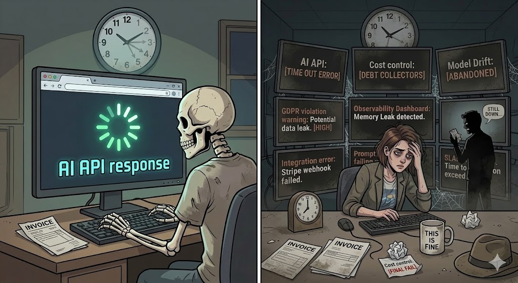 A developer has turned into a skeleton at their desk, still staring at a browser tab with an infinite loading spinner labeled "AI API response".